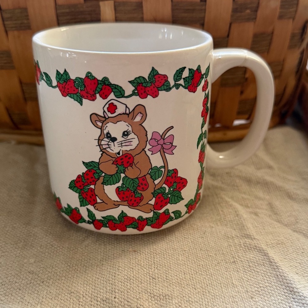 Vintage Strawberry Nurse Mouse Mug Ceramic Cottagecore Kawaii Coffee Cup